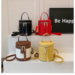 PU Bucket Crossbody Bag with Zip Closure and Patchwork Detail