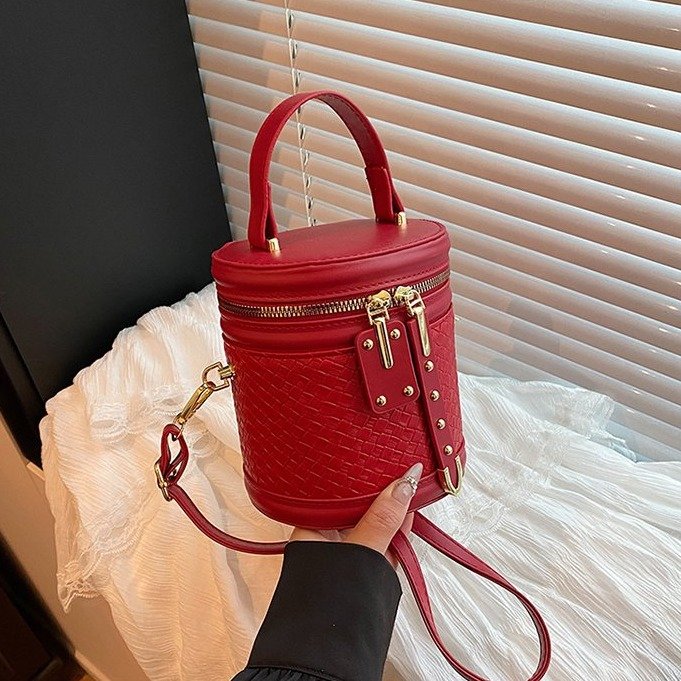 Woven PU Bucket Bag with Zipper Closure - One Size