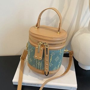 PU Bucket Bag with Color Block Design and Zipper Closure
