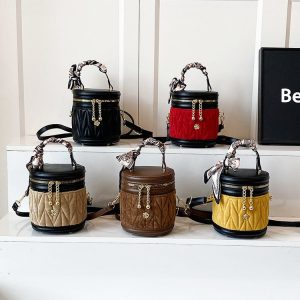 PU and Corduroy Bucket Bag with Zipper and Patchwork Detail