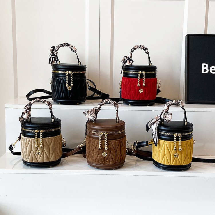 PU and Corduroy Bucket Bag with Zipper and Patchwork Detail