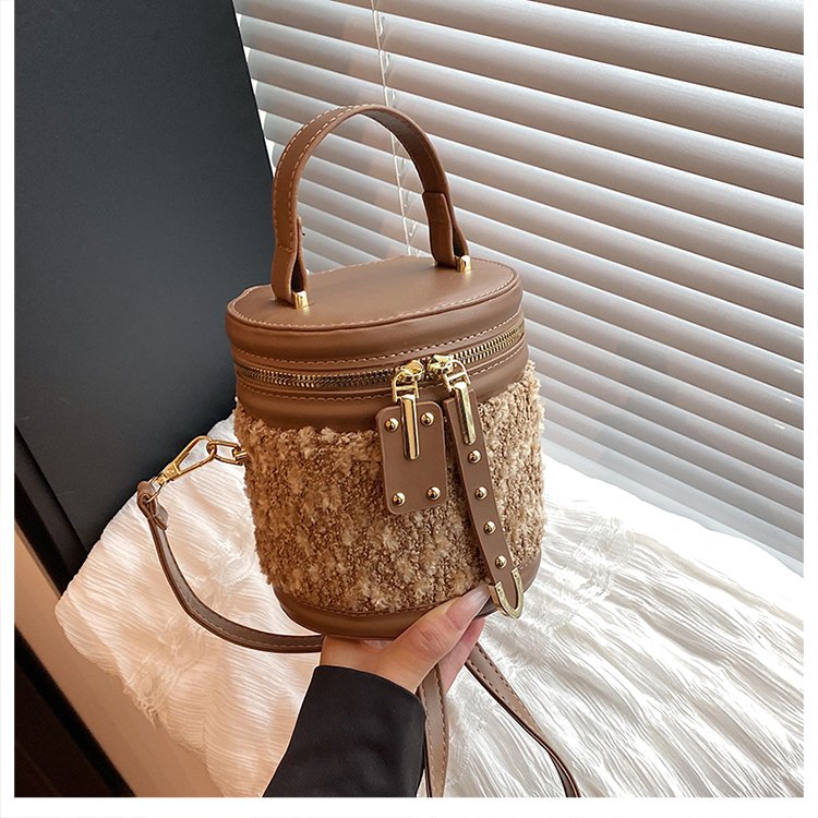 Fabric Bucket Bag with Zipper and Stitching - Handbag Shoulder Crossbody Bag Fall 2025