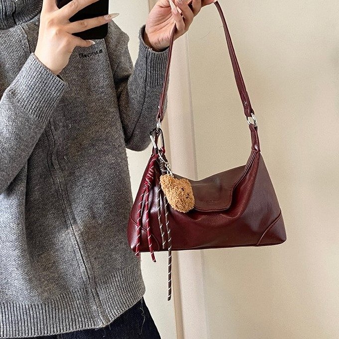 PU Crossbody Bag with Flap Closure and Pendant - Image 2