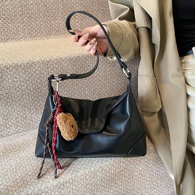 PU Crossbody Bag with Flap Closure and Pendant - Image 3