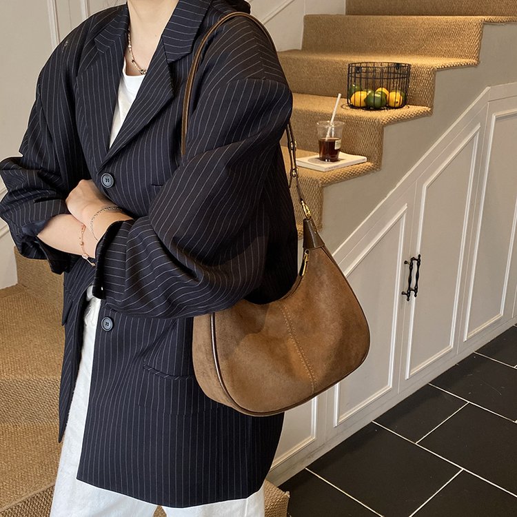 Suede Underarm Bag with Zipper and Patchwork Detail - Image 2