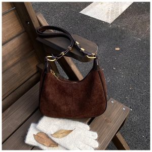 Suede Underarm Bag with Zipper and Patchwork Detail