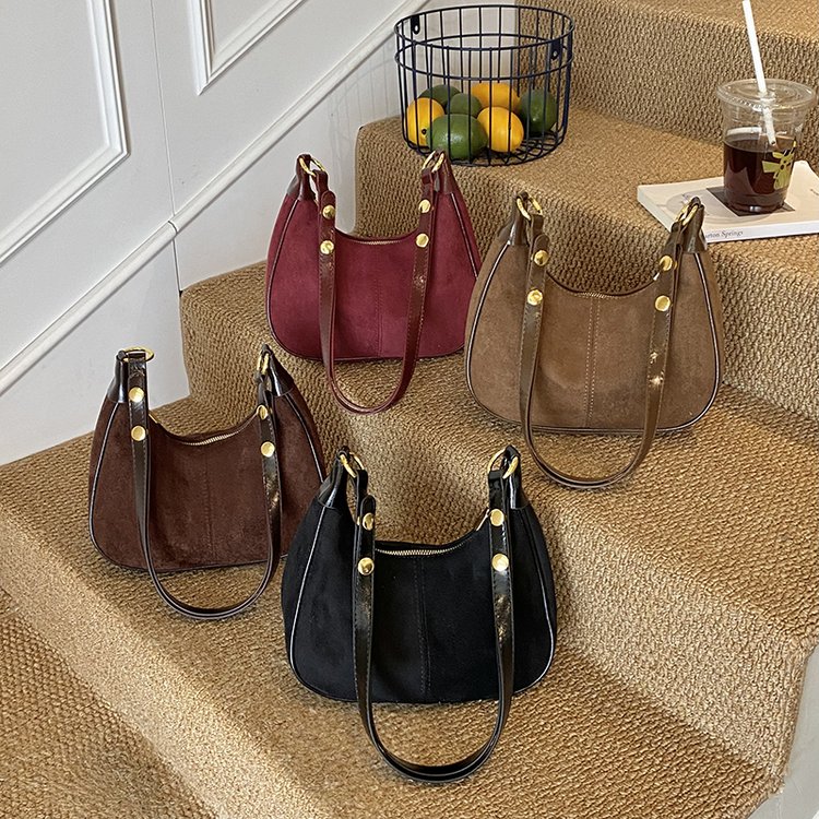Suede Underarm Bag with Zipper and Patchwork Detail - Image 4