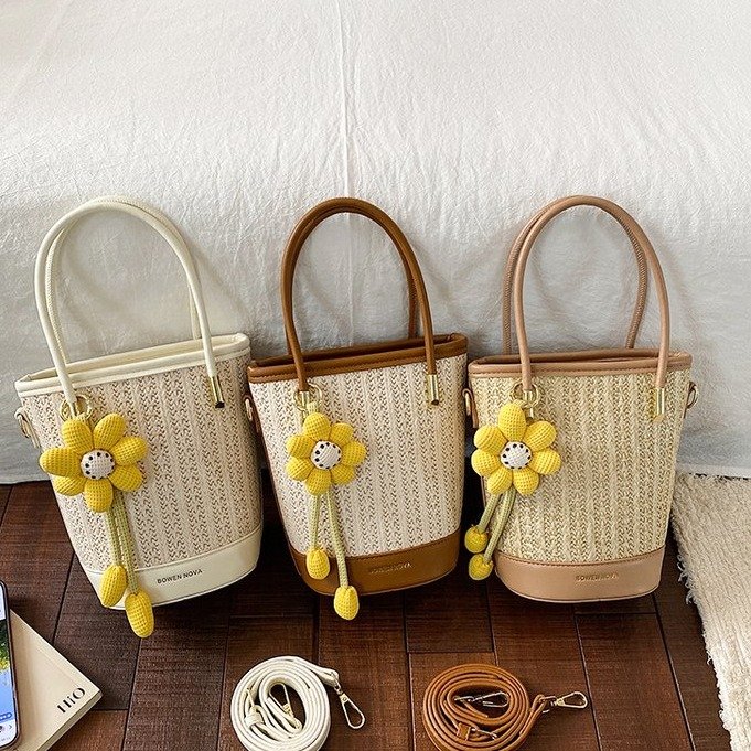PU Woven Bucket Bag with Zipper Closure - Handbag Shoulder Crossbody Bag Summer 2026