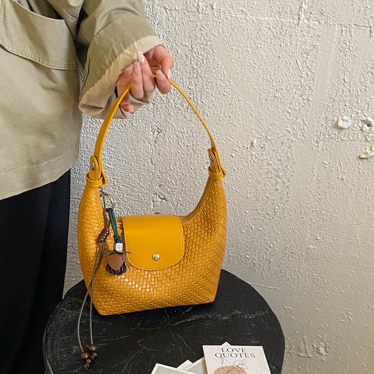 Woven PU Crescent Crossbody Bag with Charm - Image 3