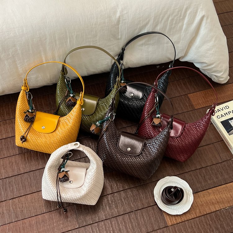 Woven PU Crescent Crossbody Bag with Charm - Image 4