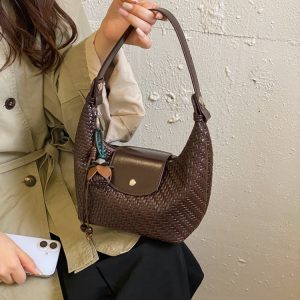 Woven PU Crescent Crossbody Bag with Charm