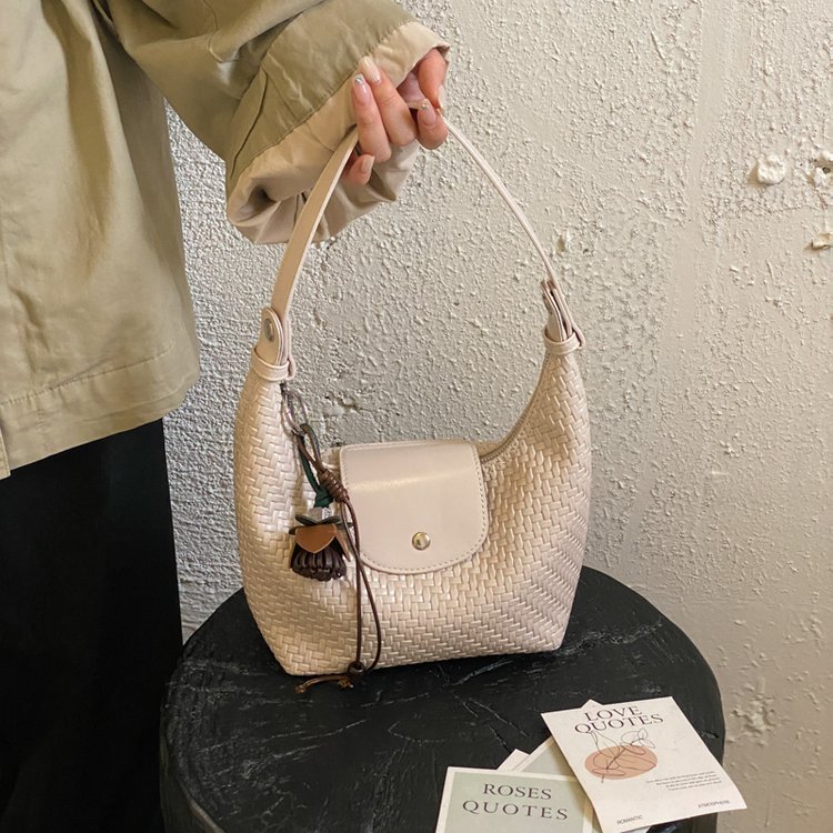 Woven PU Crescent Crossbody Bag with Charm - Image 2